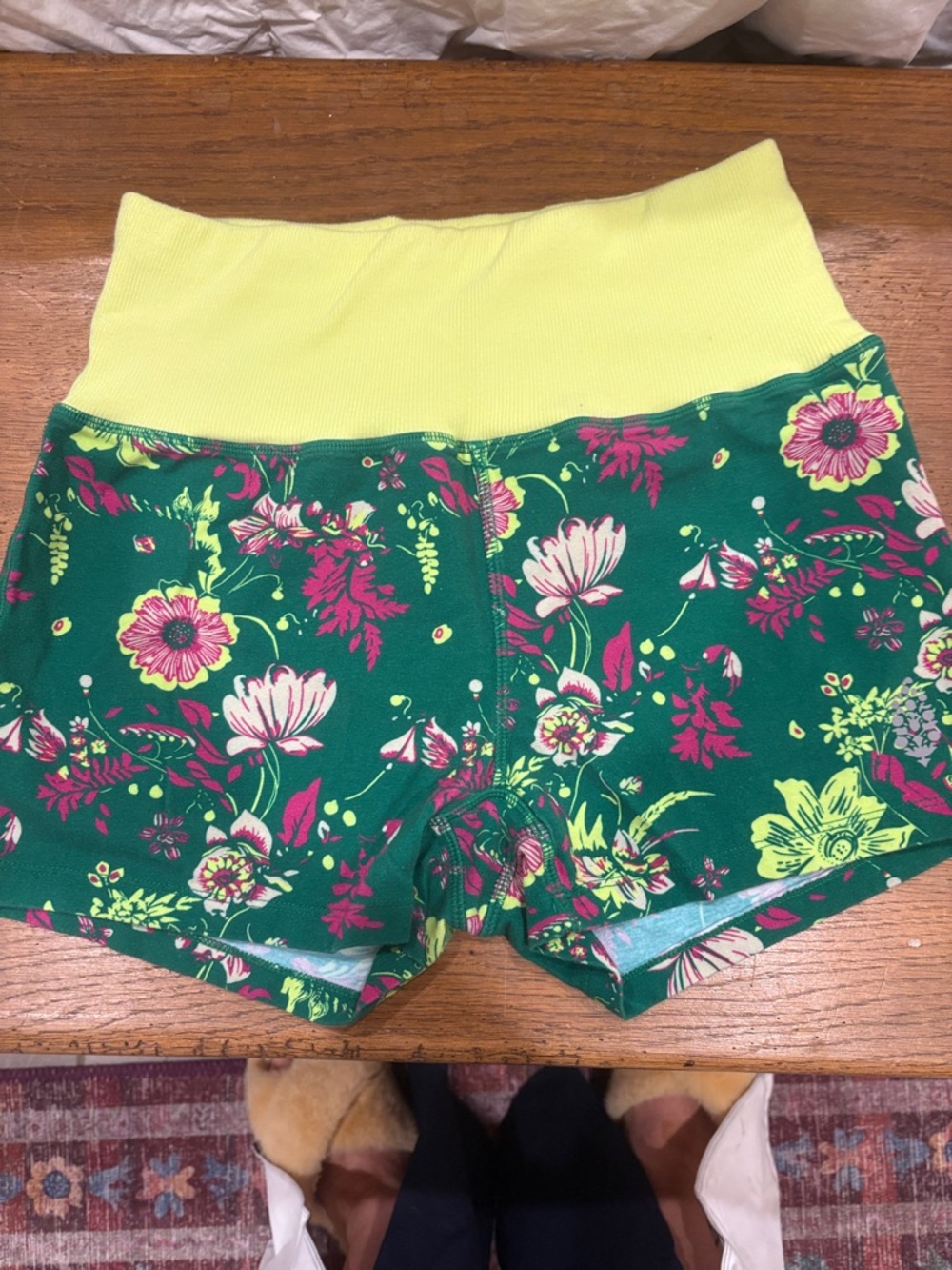 Free People Green Floral Bike Shorts with Yellow Waistband